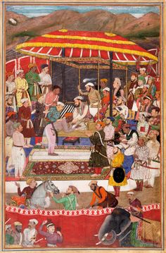 Prince Khurram receiving the submission of the Rana of Mewar in 1614, opaque watercolour and gold on paper, by Nanha, about 1615 – 18, Mughal. Museum no. IS.185-1984. © Victoria and Albert Museum, London Painting Costume, Erin Hanson, Persian Miniature, Mughal Empire, Asian Painting, Indian Painting