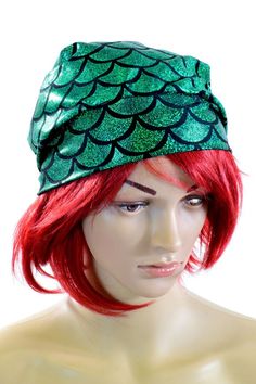 This item is made to order, please read all the way through the listing before purchasing! This soft, stretchy hood is made of lycra spandex, with glittering holographic emerald green scale print. This can also be made in almost any other fabric shown in our shop, if you would like a different color please contact! For more info on PAYMENT, SHIPPING and RETUNS and other store policies, visit this page: http://www.etsy.com/shop/CoquetryClothing/policy?ref=shopinfo_policies_leftnav Want to know wh Fitted Green Beanie Hat, Fitted Novelty Beanie Hat, Fitted Green Beanie, Green Mermaid, Dragon Scale, Green Dragon, Rave Festival, Berets, Olive Branch