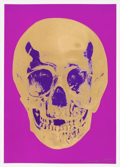 a purple and gold skull on a pink background