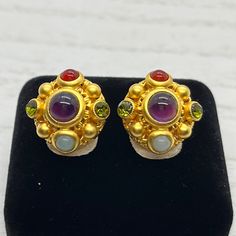 Vintage Jeweled Natasha Stambouli Signed Clip-On Earrings, 24k Gp, Semi Precious. Wonderful Earrings, 1.5", Signed, Matte Finish, In Great Condition Well Taken Care Off, Fabulous Earrings, Clips Work Nicely. Elegant Multicolor 22k Gold Earrings, Traditional Gold Multi-stone Earrings, Vintage Multicolor Clip-on Earrings For Party, Vintage Multicolor Round Clip-on Earrings, Vintage Multicolor Drop Clip-on Earrings, Vintage Gold Clip-on Earrings With Black Enamel, Vintage Clip-on Costume Jewelry Earrings, Vintage Jewels, Jewelry Vintage