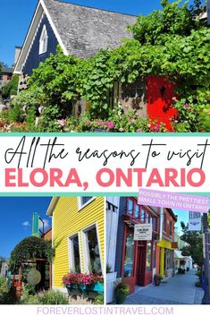 colorful houses with text overlay that says all the rooms to visit elora, ontario