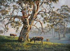 a painting of cows grazing under a tree