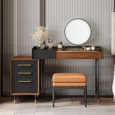 a dressing table with a mirror and stool in front of it next to a bed