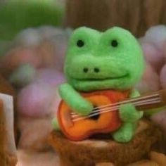 a stuffed frog plays the ukulele on display