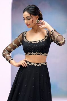 Black lehenga with cloud patch beaded and sequin embroidery. Comes with embroidered blouse and dupatta. - Aza Fashions Embroidered Beads, Black Lehenga, Sequin Embroidery, Sequins Embroidery, Embroidered Blouse, Set For Women, Black Beads, Aza Fashion, Three Quarter