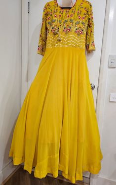 Yellow colour gown dress size 40, Au 12, georgette fabric Silk A-line Maxi Dress For Festive Occasions, Festive A-line Silk Dress, Sleeveless Silk Anarkali Dress, Sleeveless Anarkali Dress In Silk, Cocktail A-line Chiffon Dress, Fitted Chiffon Midi Dress, Cocktail Georgette Maxi Dress, Spring Sleeveless Anarkali Dress, Fitted Anarkali Sleeveless Maxi Dress