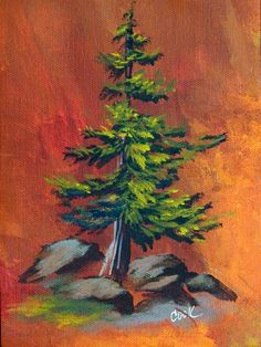 a painting of a pine tree on rocks