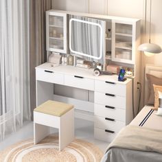 a bedroom scene with focus on the dressing table