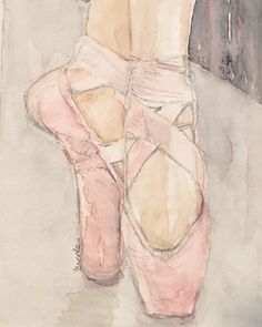 a watercolor painting of a ballerina's feet in pink ballet shoes on the ground