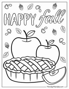 happy fall coloring page with an apple and pie