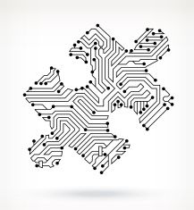 an abstract circuit board pattern in the shape of a snowflake on a white background