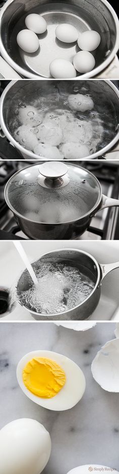 eggs are being cooked in pans on the stove top and bottom, along with other cooking utensils