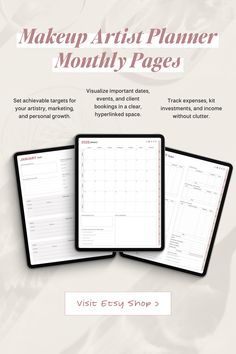 the makeup artist planner is shown in three different sizes