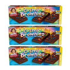 three boxes of cosmic brownies are shown