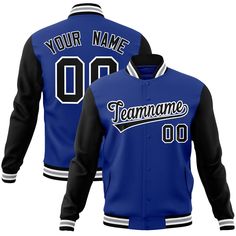 a blue and black baseball jacket with your name on the front, customize to match