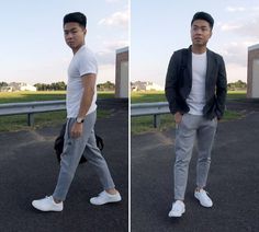 Casual white tee under a gray balzer and gray sweat pants, white sneaks. Back To School Outfits Highschool, School Outfits Highschool, Athleisure Outfit, Summer School Outfits, Teaching Outfits, First Day Of School Outfit, Style Inspiration Casual, Mens Trendy Outfits, Men's Casual Style