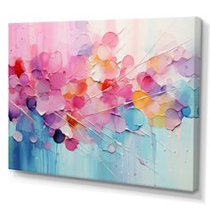 an abstract painting with pink, blue and red colors on it's canvases