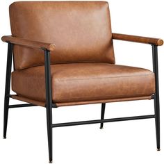 a brown leather chair with black metal legs and arm rests on an isolated white background