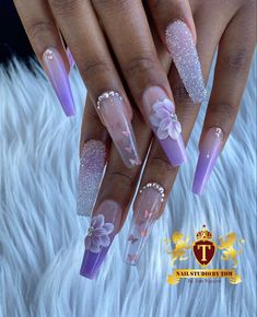 His Tip Color Nails, Black And Purple Tuxedo Prom, Fancy Lavender Nails, Lilac Nails For Quinceanera, Lavender Butterfly Nails Acrylics, Prom Nails Acrylic Light Purple, Purple Rose Nail Art, Lavender Glam Nails, Wedding Nails For Bride Lavender