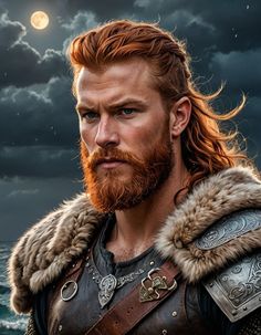 a man with red hair and beard wearing armor