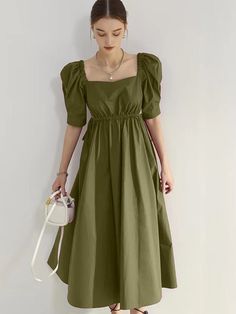 Drawstring Dresses, Solid Color Dress, Solid Dress, Shoulder Sleeve, Modest Dresses, Square Neck, Green Dress, Puff Sleeve, Dress Length