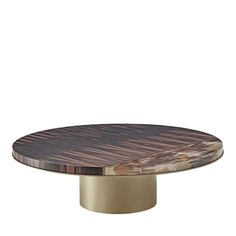 a round table with a wooden top and metal base