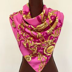 Authentic New Gucci Logo Chains Hot Pink Silk Scarf New With A Tag 100% Silk Twill Square Shape Size 27"X27" Inches Hand-Finished Rolled Edges Gucci Logo On The Corner Style # 231508 Made In Italy The Scarf Comes With Original Gucci Box. Perfect For Gift! Shipping Next Business Day. Usually Arrives Within 2-3 Business Days How To Wear Silk Scarf: As A Silk Head Scarf/Bandana: Tied Around As A Silk Head Wrap For A Classic Look. As A Neck Scarf: Wear It Around The Neck - Tie A Bow Or Let The End H Silk Head Wrap, Silk Head Scarf, Pink Silk Scarf, Gucci Box, Red Shawl, Gucci Floral, Silk Scarf Wrap, Purple Lady, Gucci Scarf