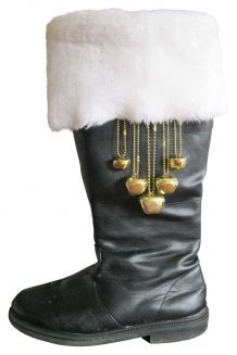 a pair of black boots with gold bells on them