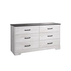 a white dresser with black top and drawers on the bottom, in front of a white background