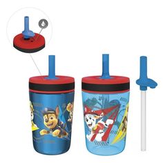 the paw patrol sippy cup has two straws in it