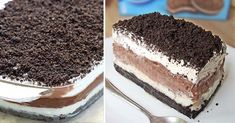 two pictures side by side one has a chocolate cake and the other has an oreo cookie