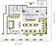 the floor plan for a restaurant with tables, chairs and bar seatings on each side