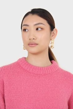 - Fit: Large to size- Materials: 100% acrylic- Thickness: Moderate- Sheerness: None- Stretch: Low- Lining: None- Care: Gentle wash cold and dry in shade London Free, Crew Neck Jumper, Hot Pink, Jumper, Hoop Earrings, Crew Neck, London, Pink, How To Wear