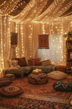 a living room filled with lots of lights and pillows on top of a rug covered floor