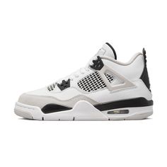 The Air Jordan 4 Retro ‘Military Black’ showcases the same color blocking and materials featured on the OG ‘Military Blue’ colorway from 1989. Smooth white leather is utilized on the upper, bolstered with a forefoot overlay in grey suede. Contrasting black accents make their way to the TPU eyelets, molded heel tab, and the Jumpman logo displayed on the woven tongue tag. Lightweight cushioning comes courtesy of a two-tone polyurethane midsole, enhanced with a visible Air-sole unit under the heel. Jordan 4 Retro Military Black, Adidas Sl 72, Jordan 4 Black, Retro Basketball Shoes, Jordan Shoes Retro, Black Jordans, Jordan 4s, Adidas Spezial, Jordan 4 Retro