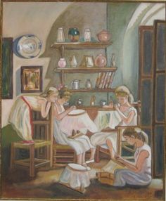 a painting of three women sitting in a living room