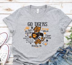 Tigers retro spirit tees!   We offer youth sizing as well.  We print on soft Bella Canvas Brand tshirts. Contact us for a custom design in your team! Collegiate T-shirt With Custom Print For Game Day, Sports Fan Graphic Print T-shirt For College, Fan Merchandise T-shirt With Team Spirit Screen Print, Gray T-shirt With Letter Print For Fans, Custom Print Crew Neck T-shirt For Game Day, Gray Team Name T-shirt For Fans, Gray Team Name T-shirt For Fan Merchandise, Gray T-shirt With Team Name For Fans, Collegiate Crew Neck T-shirt With Custom Print