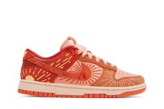 The Nike women’s Dunk Low ‘Winter Solstice’ features a unique design that nods to the low-hanging sun that accompanies the winter months. Radiating lines are embroidered throughout the upper, featuring a pink leather base with suede overlays in burnt orange and crimson. The latter wraps around the heel with a yellow half-sun graphic in contrasting yellow embroidery. ’12.21.12’ is displayed on the tongue tag of the right shoe and the sockliner of the left, nodding to the official start of the winter solstice in the year 2021. The low-top rests on a pink-tinged midsole, supported underfoot by a bright red rubber outsole. Orange Sneakers Aesthetic, Winter Solstice Dunks, Nike Dunk Low Winter Solstice, Pink And Red Sneakers, Embroidered Nike Shoes, Cute Tenishoes, Fun Sneakers For Women, Custom Jordan 1 Low, Unique Nike Shoes