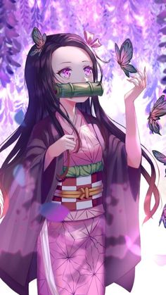 a woman with butterflies on her face and purple hair, wearing a pink kimono