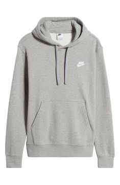 Cotton-rich fleece keeps you comfy in a street-ready hoodie with the classic Swoosh logo on the chest. 27" length (size Medium) Drawstring hood Kangaroo pocket 80% cotton, 20% polyester Machine wash, tumble dry Imported Gray Hoodie Outfit, Black Nike Hoodie, Grey Nike Hoodie, Boy Hoodie, Gray Hoodies, Cute Nike Outfits, Boys Fits, Nike Sweater, Cool Outfits For Men