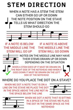 When a note has a stem the stem can either go up or down. The note position on the stave tells us what direction the stem should go. If a note is below the middle line the stem will go up. If a note is above the middle line the stem will go down. Which way do the stems go on the middle line you may ask? They can either be drawn up or down depending on the situation. It's really important to draw the stem on the right side of the note! Take a good look at the example to see on what side you need to draw the stem.  Right away learn where to place the dot note on a stave. REMEMBER: the dot never goes to the left of the note! Follow me for more!