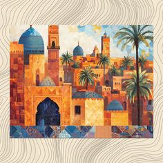 a painting of an old city with palm trees