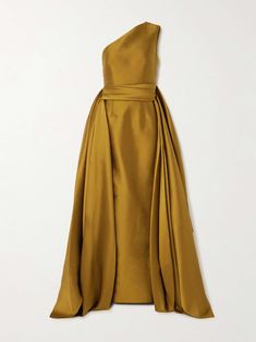 SOLACE LONDON Charo one-shoulder draped satin-twill gown Gown Gold, Solace London, London Outfit, Ladies Of London, Metallic Dress, Shearling Jacket, Clothes Collection, Cinched Waist, Satin Dresses