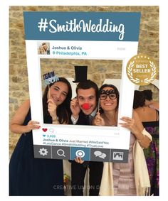 some people are posing for a photo with a clown nose on their face and one is holding up a sign that says smile wedding