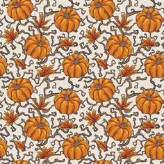 an orange and white background with pumpkins on the vine, leaves and swirls