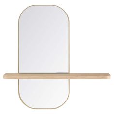 a wooden shelf with a mirror on it