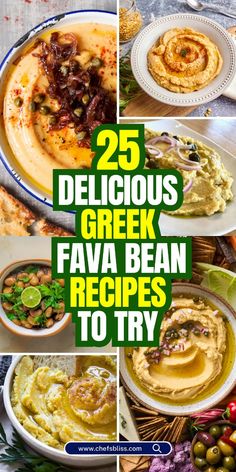 the cover of 25 delicious greek fava bean recipes to try, including hummus and dips