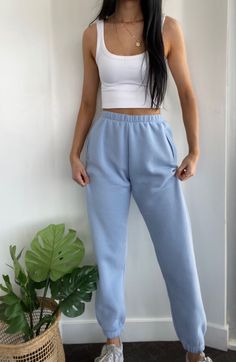 Blue Hoodie And Sweatpants, How To Style Light Blue Sweatpants, Light Blue Sweats Outfit, Light Blue Tracksuit, How To Style Blue Sweatpants, Light Blue Joggers Outfit, Blue Sweats Outfit, Outfits With Blue Sweatpants, Colored Sweatpants Outfit