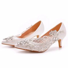 Details: Style: Elegant Embellishment: Lace, Rhinestone Heels Type:?Stiletto Heel height: 1.97inch Closure Type: Slip On Toe: Pointed Toe Upper Material: Faux Leather Sole Material: PU Lining Material: Leather Rhinestone Wedding Dress, Bridal Wedding Shoes, Elegant High Heels, Womens Stilettos, Rhinestone Heels, Short Lace Dress, Point Shoes, Womens Wedding Shoes, Rhinestone Wedding