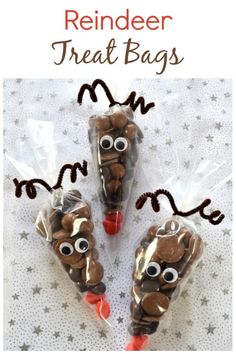 three reindeer treat bags with googly eyes on them and the text, reindeer treat bags